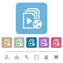 Share playlist flat icons on color rounded square backgrounds