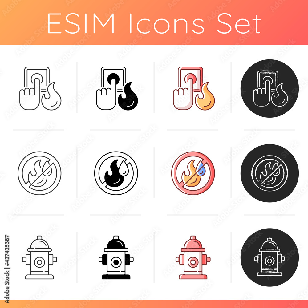 Wall mural Fire extinguishing icons set. Alert button to activate sprinkler. Do not use water sign. Hydrant for firefighting. Linear, black and RGB color styles. Isolated vector illustrations