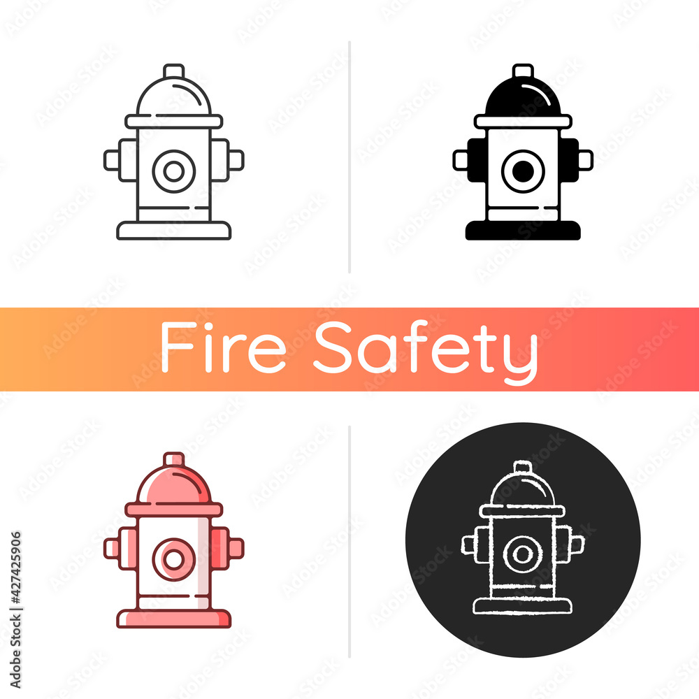 Sticker Fire hydrant icon. Equipment for water supply. Firefighters department. Flame extinguishing. Fire safety regulation. Linear black and RGB color styles. Isolated vector illustrations