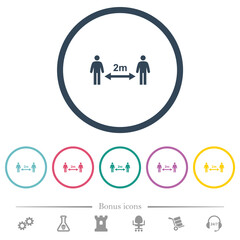 Social distancing 2 meters flat color icons in round outlines