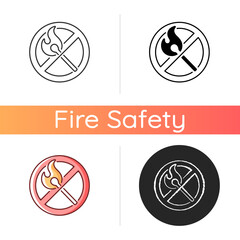 No open flame icon. Burning match, restriction label. Sign for forbidden usage. Fire safety regulation, emergency guidance. Linear black and RGB color styles. Isolated vector illustrations