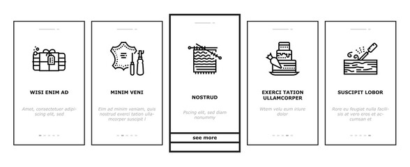 Diy Crafts Handmade Onboarding Mobile App Page Screen Vector. Diy Crafts Soap And Clothes, Alcohol Drinks And Candles, Toys And Cake, Sewing And Knitting Illustrations