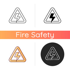 High voltage icon. Precaution for power outage. Danger label for electricity supply. Industrial manufacture. Fire safety regulation. Linear black and RGB color styles. Isolated vector illustrations
