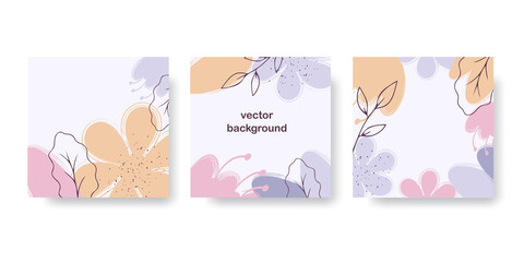 Floral abstract set of banner, greeting card, poster, holiday cover. Trendy design with hand drawn flower, leaves and dots in pastel colors. Modern art minimalist style.