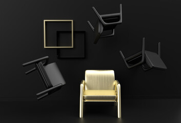 Golden chair standing out from the crowd. Business concept. 3D rendering Design.