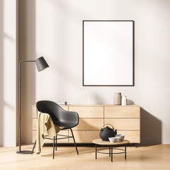 The interior of minimalist living room or office with a black armchair, coffee table, chest of drawers and a floor lamp. Vertical poster on a light wall. Mock up. 3d rendering.