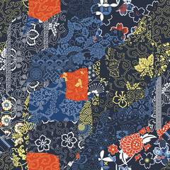 Traditional Japanese fabric patchwork wallpaper abstract vector  seamless pattern  - obrazy, fototapety, plakaty