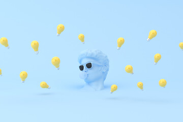 Minimal scene of sunglasses and bubble gum on human head sculpture with yellow light bulbs, 3d rendering.