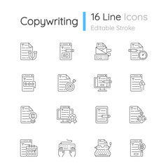 Fototapeta premium Copywriting linear icons set. Aiming at target audience. Professional copywriting. Website content. Customizable thin line contour symbols. Isolated vector outline illustrations. Editable stroke