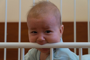 A little child has teeth teething, which is why he gnaws at the edge of a metal bed with his face...