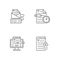 Text for online advertisement linear icons set. Typewriting, copywriting services. Generating income. Customizable thin line contour symbols. Isolated vector outline illustrations. Editable stroke