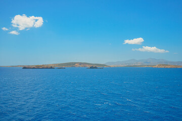 Greece Paros island landmark in cyclades, Ship entering paros island in Cyclades at summer