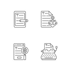 Copy writing linear icons set. E book editing services. Anchor text. SEO work, professional typewriting. Customizable thin line contour symbols. Isolated vector outline illustrations. Editable stroke