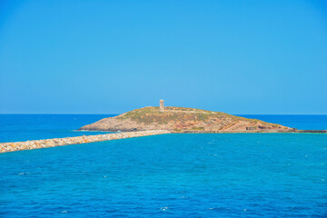 Greece Paros island landmark in cyclades, Ship entering paros island in Cyclades at summer