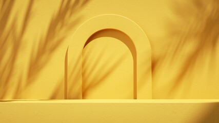 3d render, abstract summer yellow background with leaves shadows and bright sunlight. Minimal...