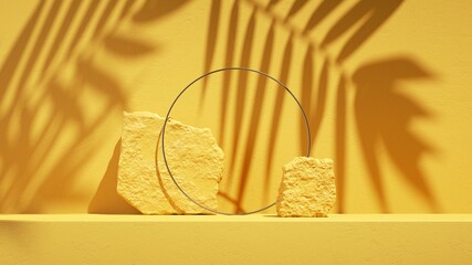3d render, abstract summer yellow background with tropical leaf shadow and bright sunlight. Minimal showcase scene with cobblestones and silver ring for organic cosmetic product presentation