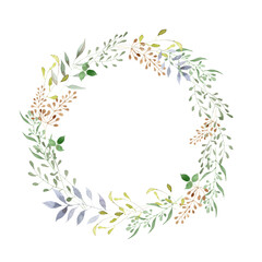 Fototapeta na wymiar Hand painted Watercolor flower Wreath. Botanical round frame. Botanical Illustration for design wedding invitations