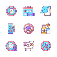 Insomnia reasons RGB color icons set. No device before bedtime. Sleep hygiene improvement. Regular exercise. Airing bedroom. Sleep phase app. No caffeine, milk and honey. Isolated vector illustrations