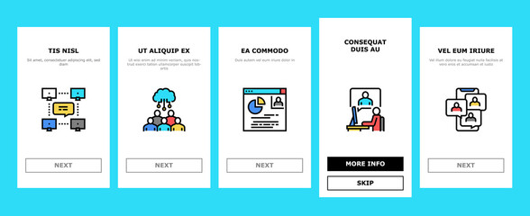 Online Video Meeting Onboarding Mobile App Page Screen Vector. Meeting And Conference, Presentation And Interview, Computer Technology For Communication Illustrations
