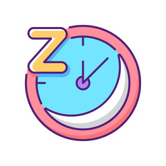 Regularity RGB color icon. Sleep schedule. Nighttime on clock. Bedtime on watch dial. Time for relaxation. Moon phase. Overnight rest and recreation. Nocturnal hour. Isolated vector illustration