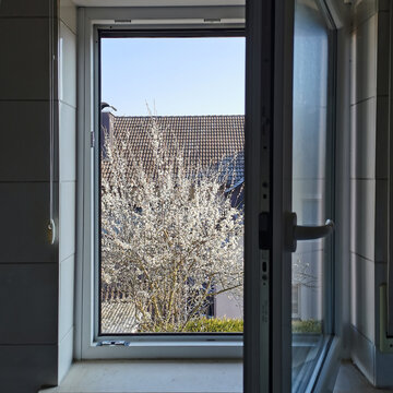Blick aus dem geöffneten Fenster in den Frühling