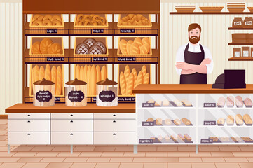 Cartoon Color Character People Man and Bakery Interior Concept. Vector