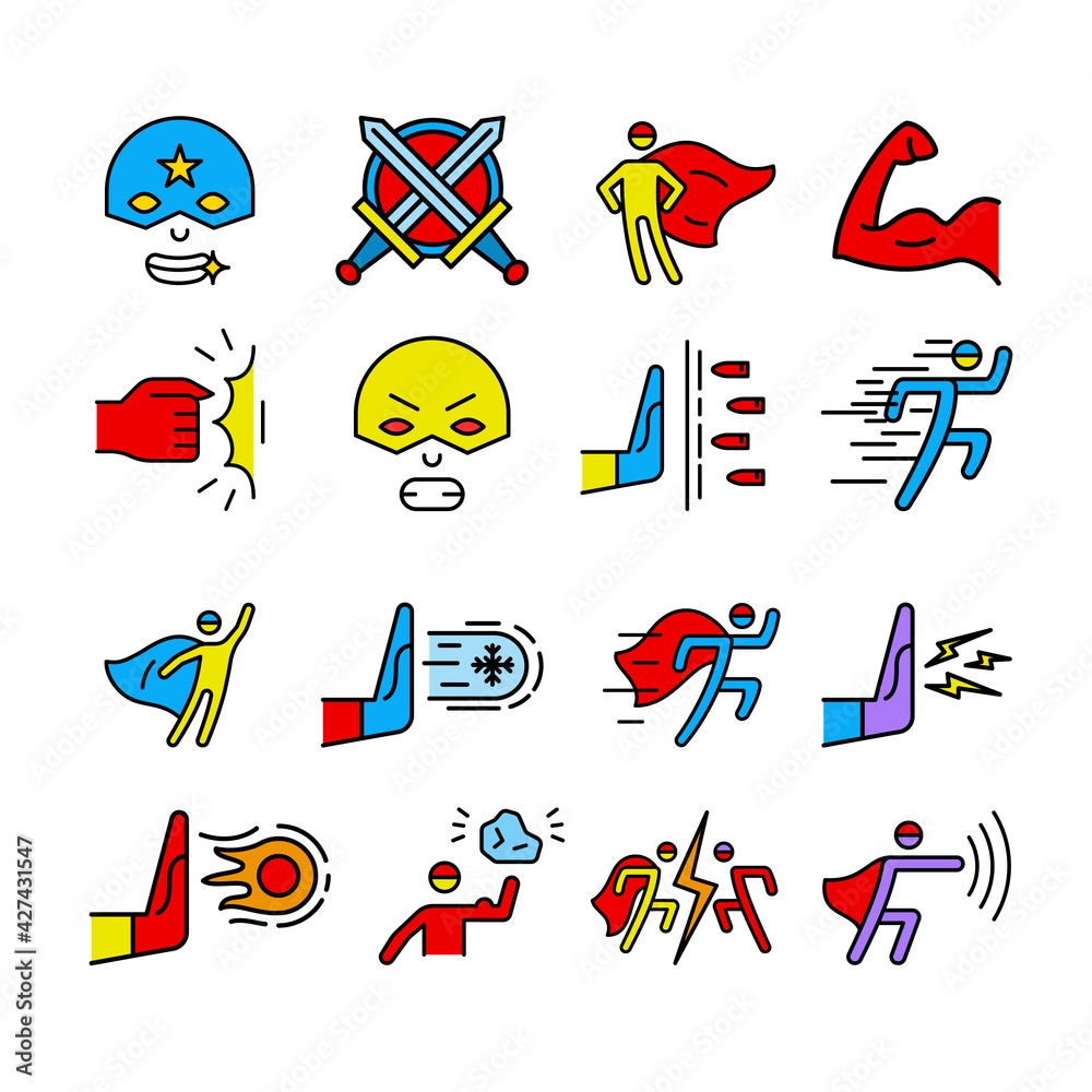 Poster Super Hero Sign Color Thin Line Icons Set. Vector