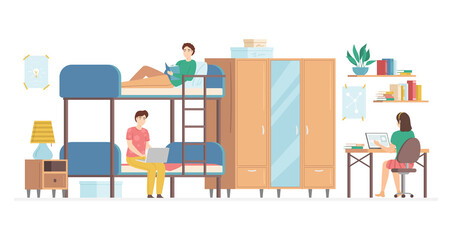 Cartoon Color Characters People and College Dormitory Interior Inside Concept. Vector