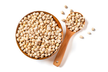 dry chickpeas in wooden bowl isolated on white background Healthy eating, vegetable protein concept Top view Flat lay