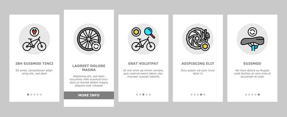 Bike Repair Service Onboarding Mobile App Page Screen Vector. Complex Bike Repair And Setting, Research And Fix Broken Details, Cogset And Pedals Replacement Illustrations