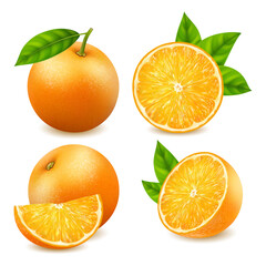 Realistic Detailed 3d Fresh Ripe Whole and Slice of Oranges Set. Vector