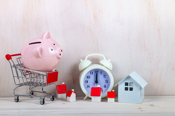 Pig piggy bank, shopping cart and small houses