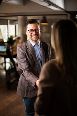 Businesswoman and businessman discussing work in office. Two friends handshake in office.