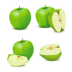 Realistic Detailed 3d Whole and Slice of Green Apple Set. Vector