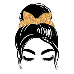 Messy bun with golden glitter bandana or headwrap. Vector woman silhouette. Beautiful girl drawing illustration. Female hairstyle.