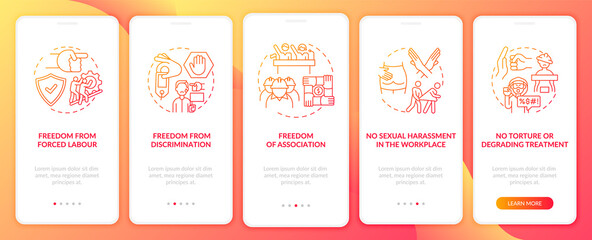 Migrant workers freedoms red onboarding mobile app page screen with concepts. Immigrant rights walkthrough 5 steps graphic instructions. UI, UX, GUI vector template with linear color illustrations