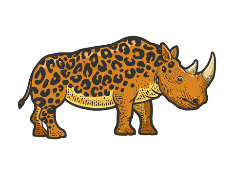 fictional animal rhinoceros leopard color sketch engraving vector illustration. T-shirt apparel print design. Scratch board imitation. Black and white hand drawn image.