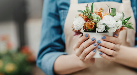 Creative work at flower shop, eco startup and successful small business outdoor after covid-19 pandemic