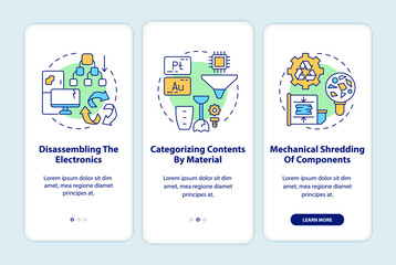 E-waste recycling steps onboarding mobile app page screen with concepts. Sorting, disassembling walkthrough 3 steps graphic instructions. UI, UX, GUI vector template with linear color illustrations
