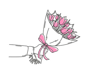 A Man Holds a Bouquet of Flowers in His Hand. Done in Simple Flat Doodle Style. The Tulip Bouquet is wrapped in Wrapping paper and tied with a Ribbon and Bow. Vector illustration