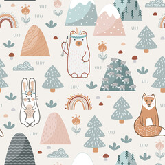 Seamless pattern with cute forest animals, flowers, and trees. Childish print for nursery background in a Scandinavian style for baby clothes or interior. Vector cartoon illustration in pastel colors