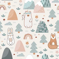 Wall murals Out of Nature Seamless pattern with cute forest animals, flowers, and trees. Childish print for nursery background in a Scandinavian style for baby clothes or interior. Vector cartoon illustration in pastel colors
