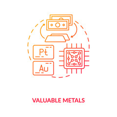 Valuable metals concept icon. E-waste component idea thin line illustration. Platinum, gold. Production processes. Industrial materials. Waste management. Vector isolated outline RGB color drawing