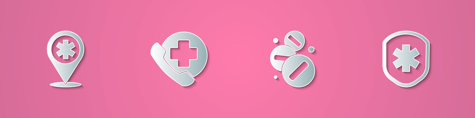 Set paper cut Map pointer with cross hospital, Emergency phone call to, Medicine pill or tablet and Medical shield icon. Paper art style. Vector