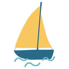 Sailboat on the waves. Isolated element on a white background. Vector hand drawn boat illustration. Ship in flat style
