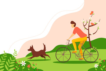 Man riding a bicycle in the park with a dog. Spring landscape in a flat style. Cute illustration. 