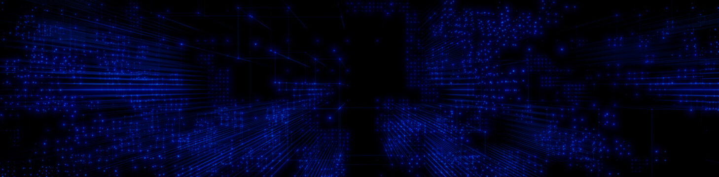 Futuristic, Blue Digital Grid background. Network Tech Wallpaper Banner. 3D Render 