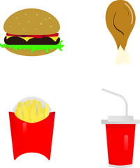 Set of four kinds of fast food- chicken, burger (cheeseburger),  soda and French fries (fried potatoes). 