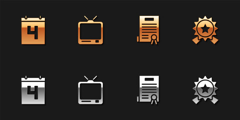 Set Calendar with date July 4, Retro tv, Declaration of independence and Medal star icon. Vector
