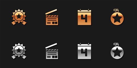 Set Medal with star, Movie clapper, Calendar date July 4 and Canteen water bottle icon. Vector